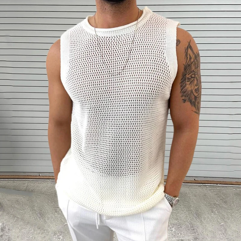 Knitwear Mens Casual Tank Tops Pure Color Hollow Out Vintage Men Knit Camisole Sleeveless O Neck Leisure T Shirt Male Streetwear