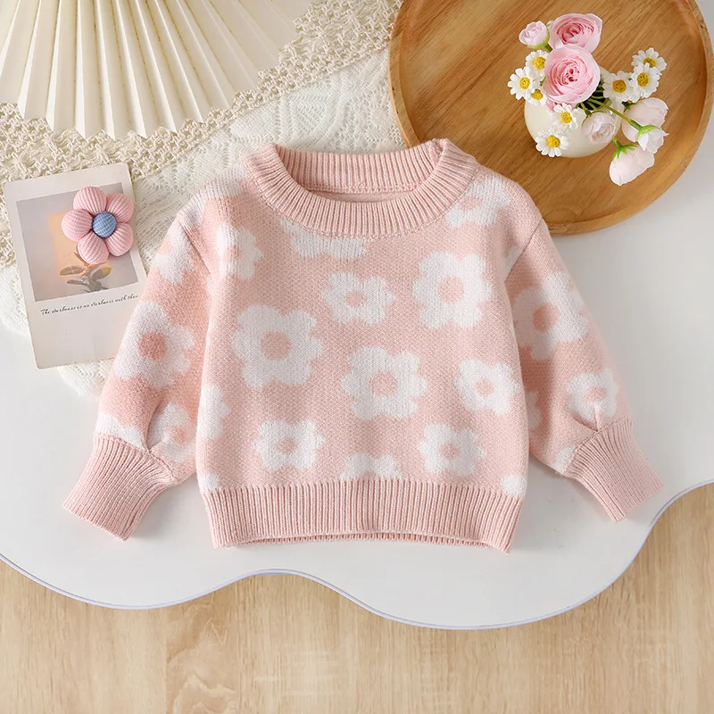 Ins Autumn Winter Baby Girl Sweater Cotton Print Long Sleeve Toddler Girl Pullovers Jacquared Colorful Infant Kids Girl Knitwear