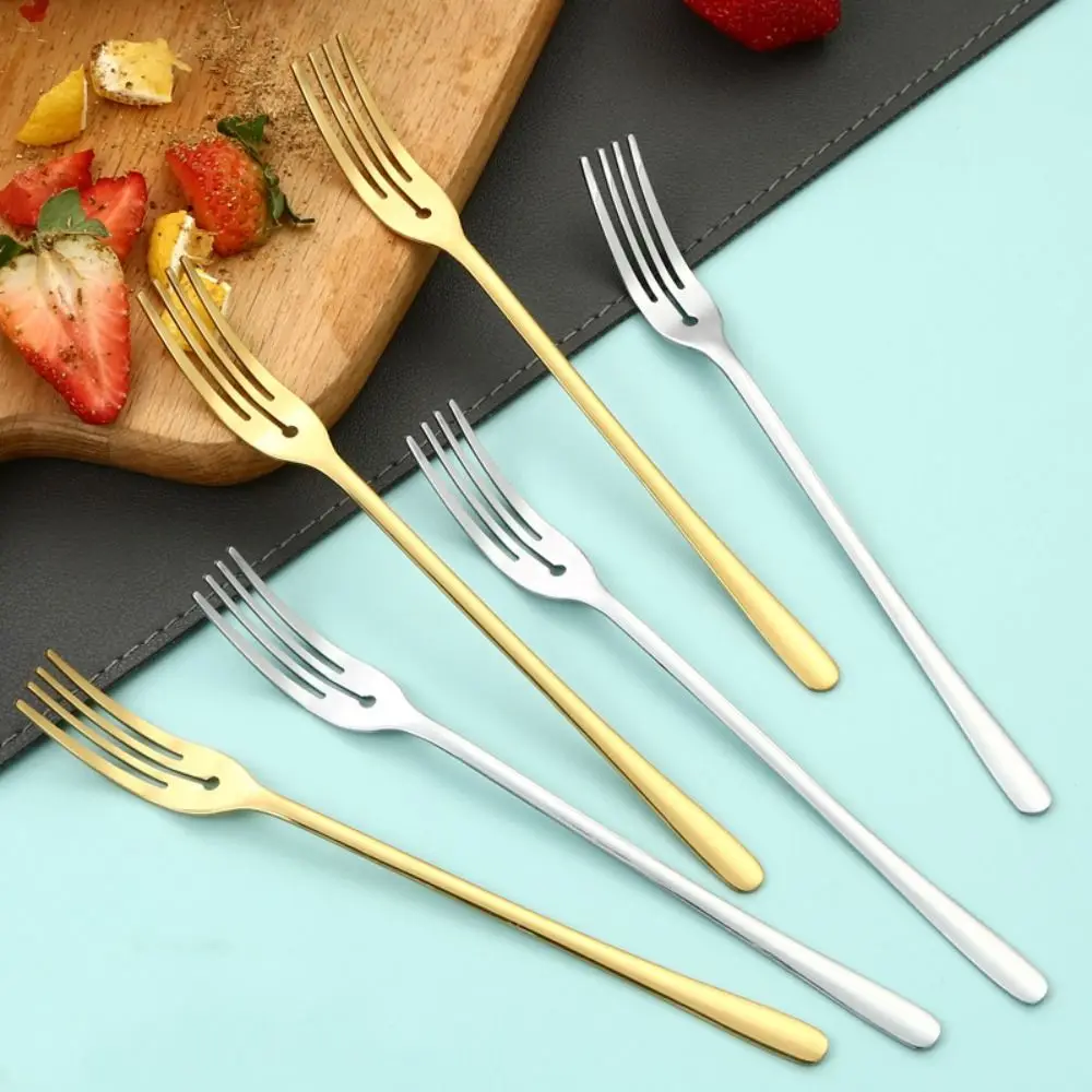 Unique Long Handle Stainless Steel Dessert Fork Silver/gold Korean Dinner Fork Four Tine Fruit Forks Salad