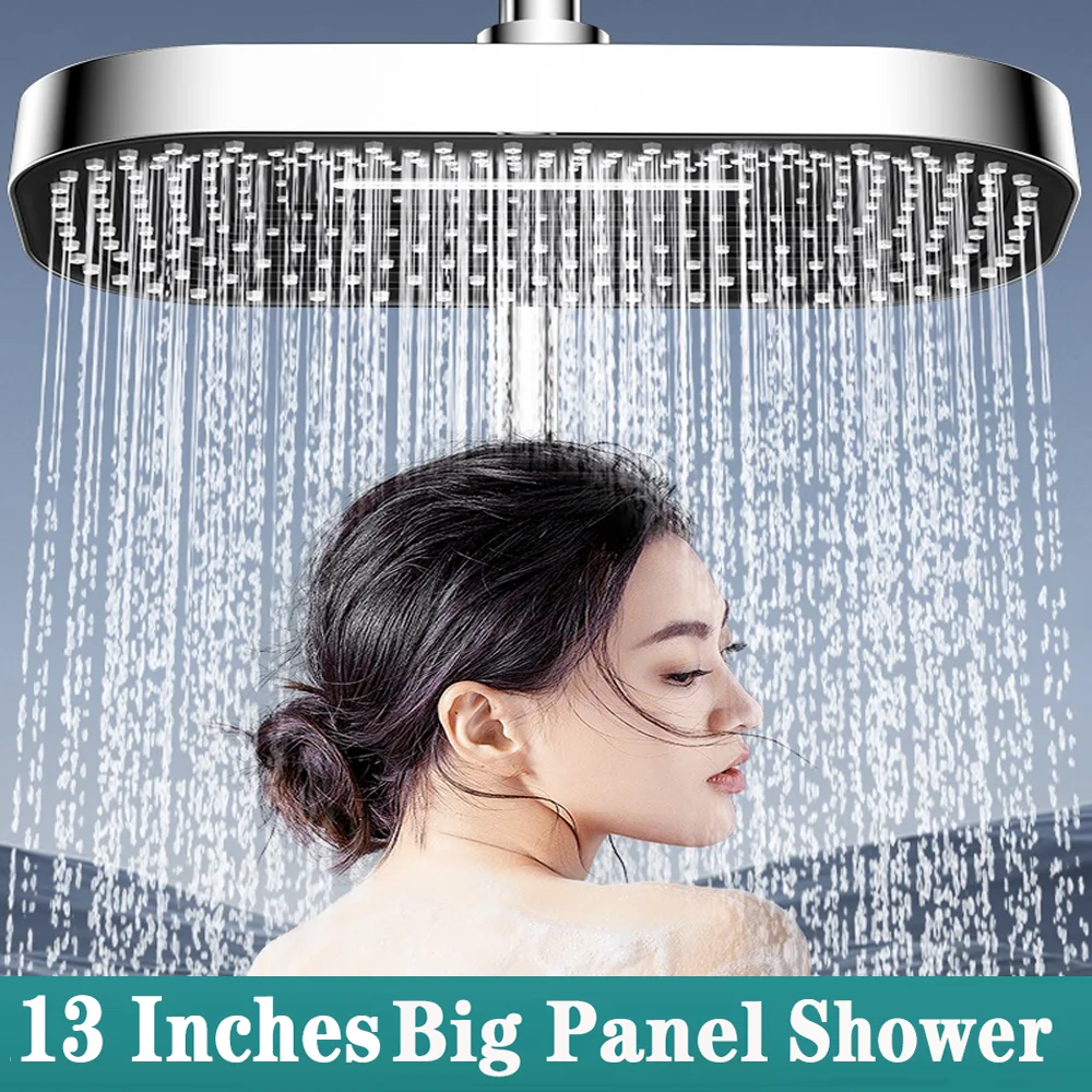 

13 Inches Big Panel Large Flow Ceiling Mounted Supercharge Shower Head Set Silver 4 Modes High Pressure Rainfall Bathroom Shower