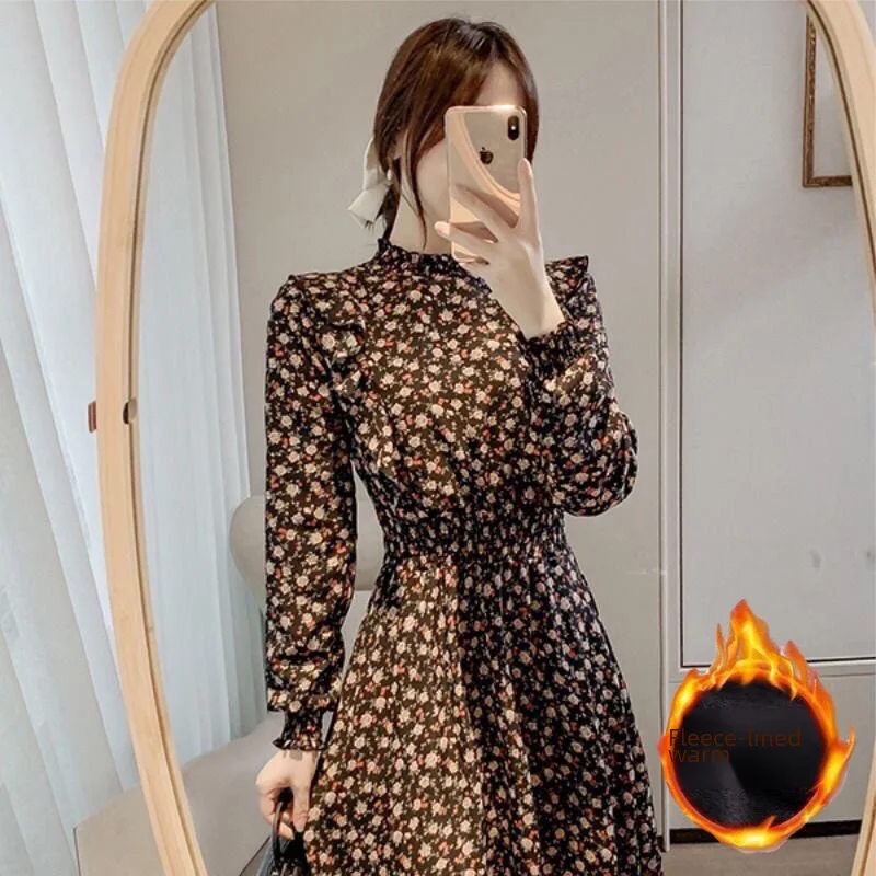 

Early Autumn New Floral Dress 's Half Turtleneck Warm Young Women's Soft Style French Waist Slimming Chiffon Personalized D