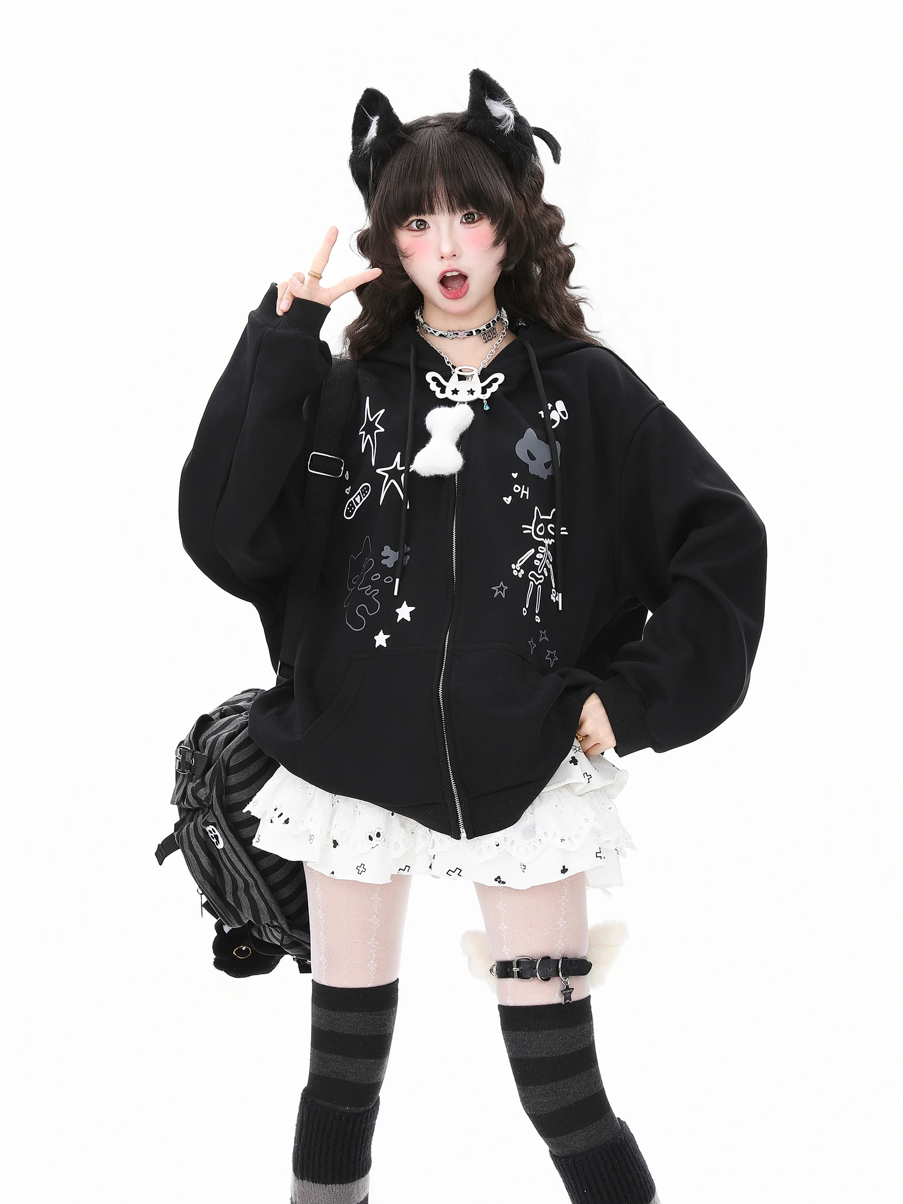 2025 Spring and Autumn New Japanese Style Cute Gray and Black Cat Print Loose Casual Hooded Sweatshirt Cardigan Jacket