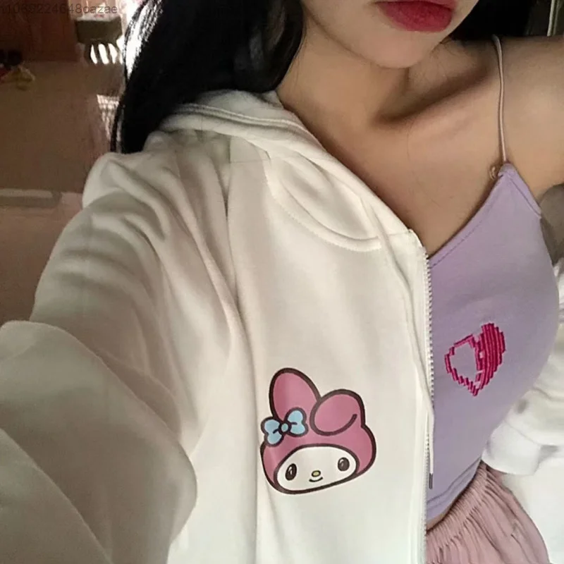 Sanrio My Melody Soft Cute Cardigan Korean College Style Sooft Sister Coat Y2k Zipper Loose Hooded Sweet Hot JK Coat For Women