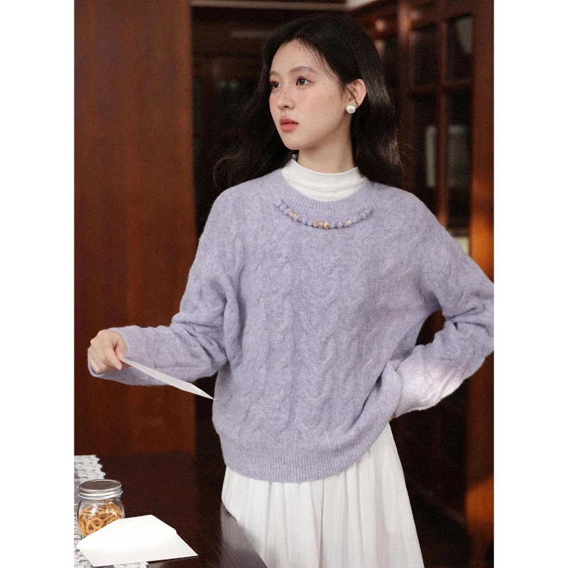 

ALXNAN свитера с круглым вырезом, осенний витой узор, разноцветные бусины, свободный женский пуловер, милый нежный женский трикотаж L58901