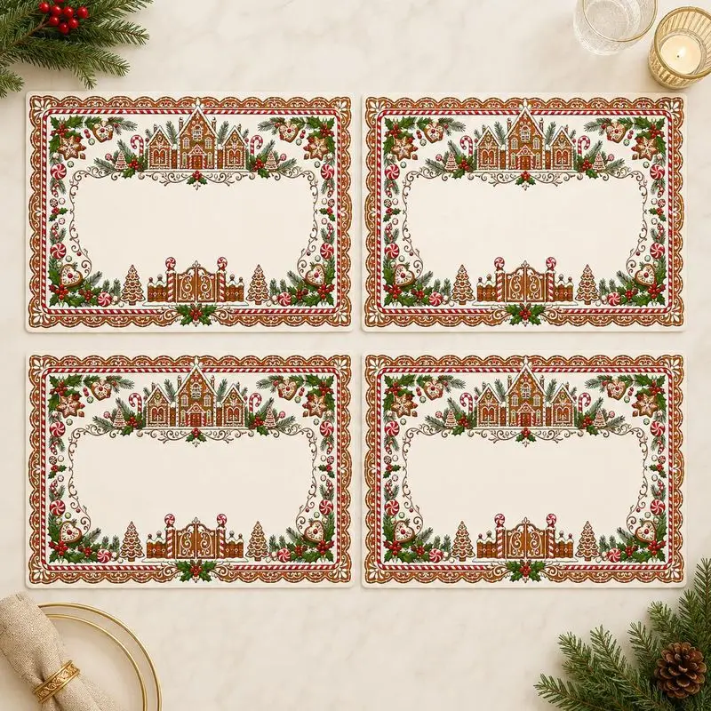 VIKAMA Gingerbread House Man Candy Cane Border White Christmas Placemat Linen Cotton Pad for Xmas Dinner Table Decor Home Decor