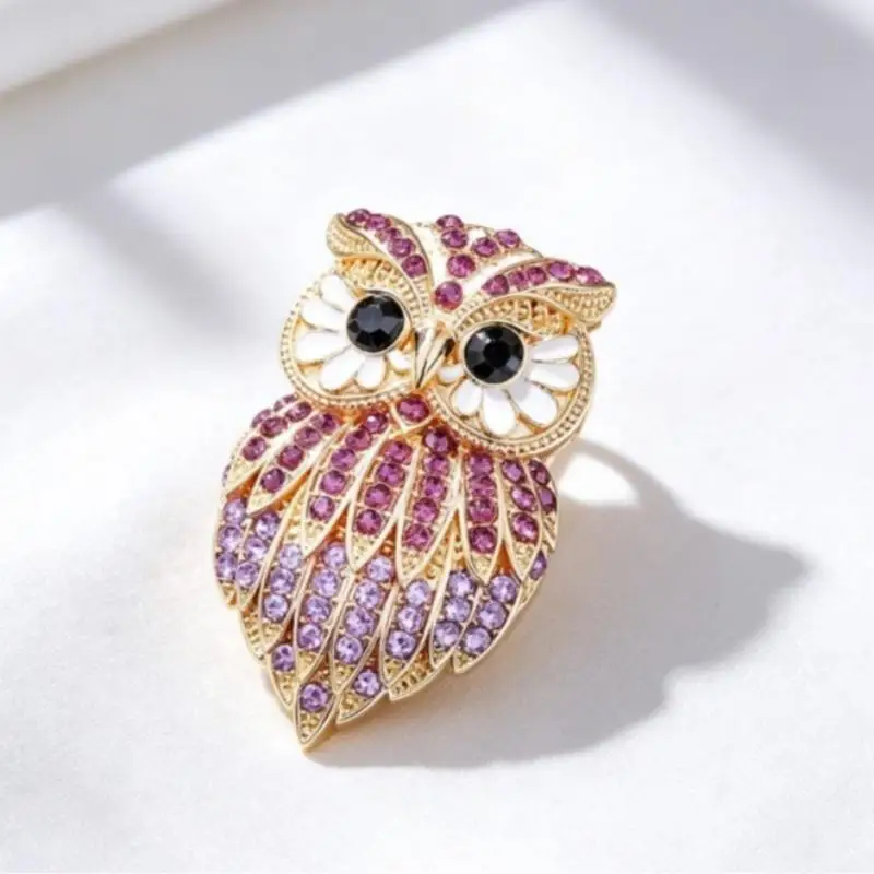 Gold Plated Rhinestone Inlaid Owl Brooch Shiny Look Various Color Options For Daily Wear Parties Special Occasion Gifts