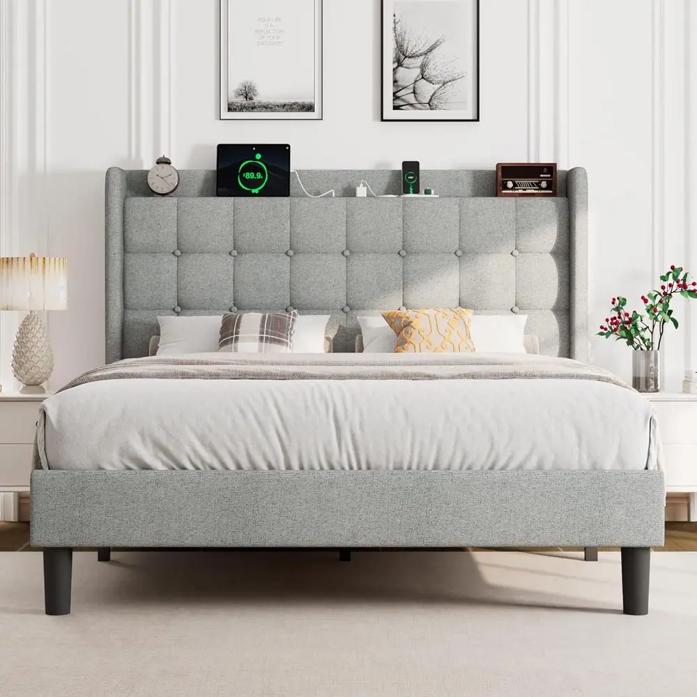 

Queen Size Bed e with Charging Station, Upholstered Platorm Bed, ern Wingback Storage board, Solid Wood Slats, Easy Assembly, Pa