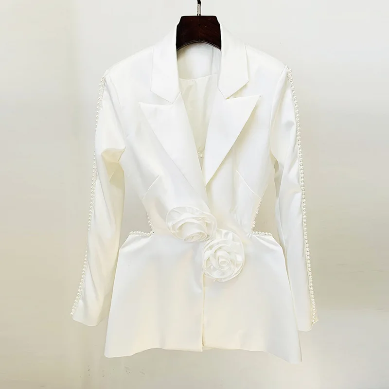 Luxury Two-piece Set Women Pant Sets Streetwear 3D Floral Sexy Open-back Beaded Long-sleeved Blazer Pearls Trousers Suit Mesh