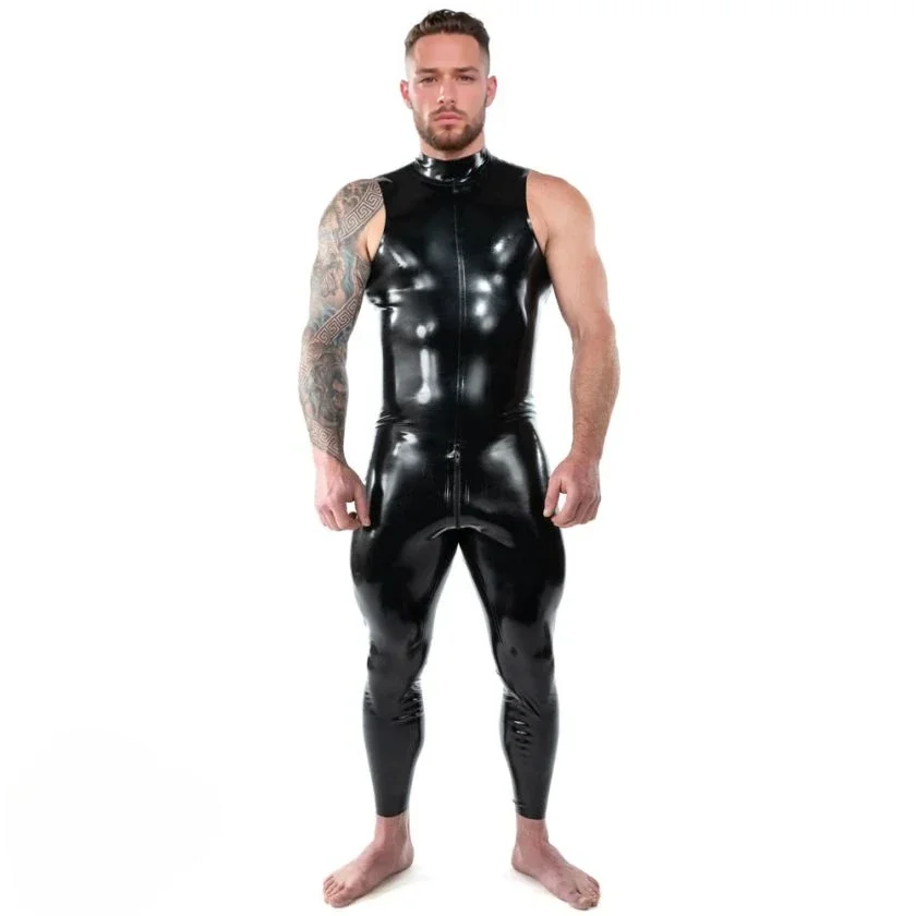

customized latex catsuits men's sleeveless black latex bodysuit high - neck front zipper rubber costume clubwear cosplay