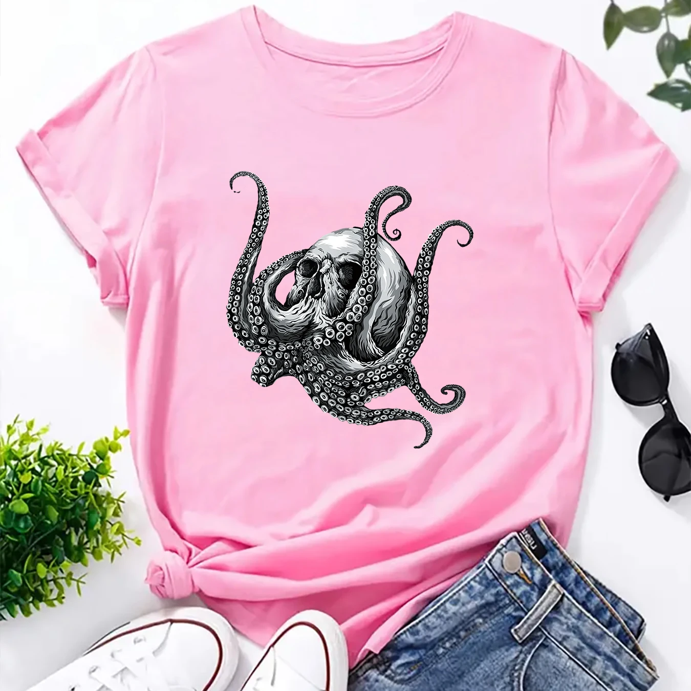 Octopus Sugar Skull T Shirts for Women Print Graphic Tee Women\'s T-Shirt Oversized T Shirt Aesthetic Harajuku Summer Tee Tops