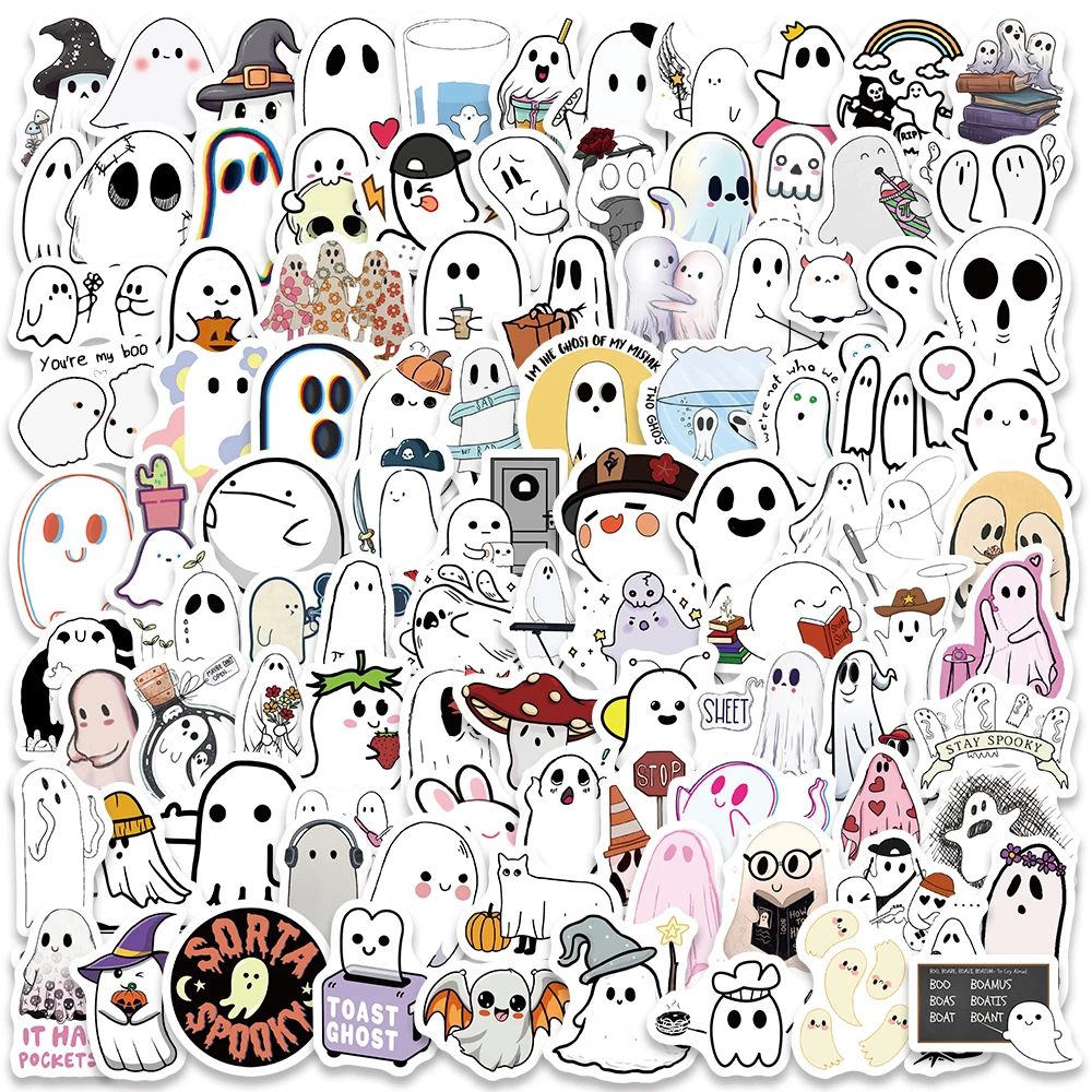 100pcs Funny Cartoon Ghost Stickers DIY Cute Spooky Laptop Decals Luggage Guitar Phone Diary Waterproof Graffiti Kids Toy