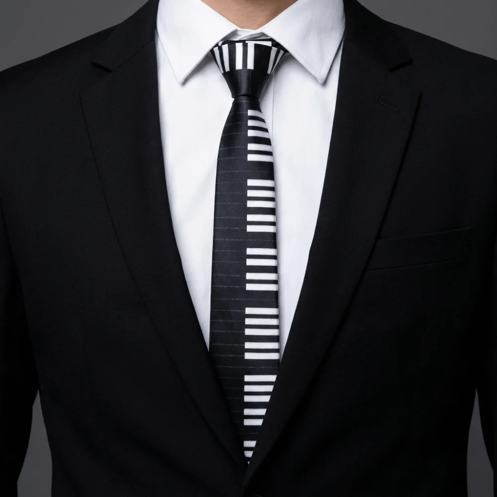 Skinny Tie Men - エレガントなスキニーピアノネクタイ、スリムブラックメンズネクタイ、カレッジスタイルホワイトミュージックネクタイ、学生向け