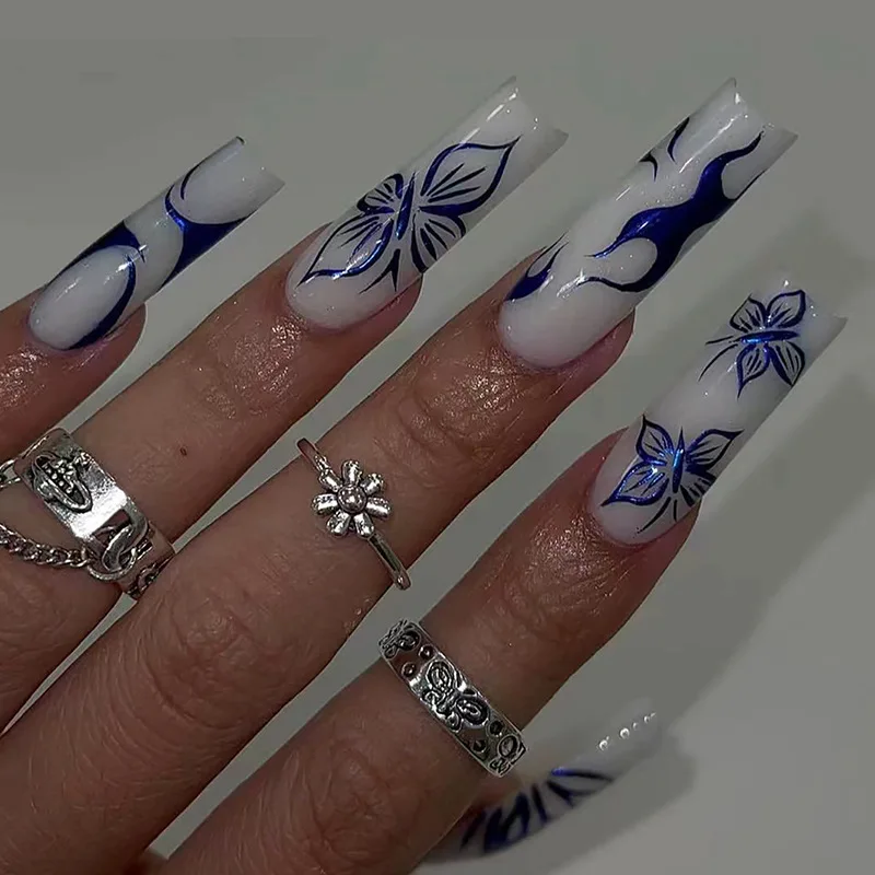 24 faux ongles longs forme cercueil carrée, à presser, amovibles, motif papillon bleu avec paillettes, style ballerine