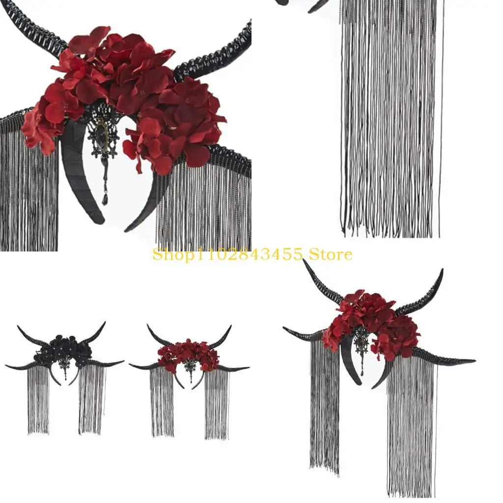 

49MC Devil Horns Headband Antelope Headband Halloween Demon Horn Goth Headpiece Goth Tassel Headband Day Of the Dead Headband