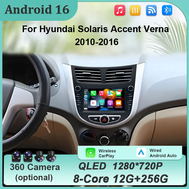 Radio de Coche Android de 7 Pulgadas para Hyundai Solaris Accent Verna 2010-2016, CarPlay Inalámbrico, Android Auto, GPS, WiFi, BT, FM, Pantalla Táctil, Estéreo