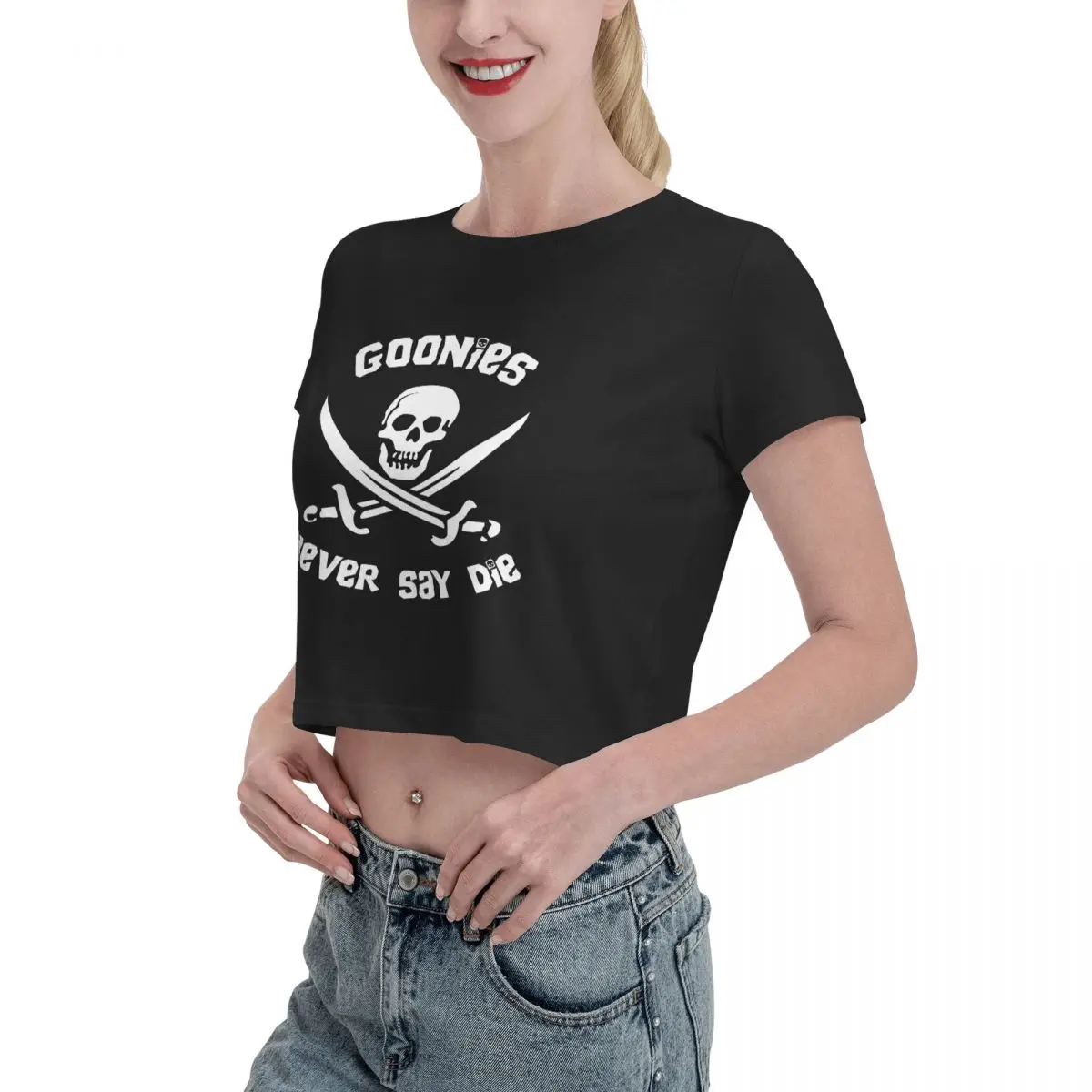 Cool Skull Goonies Never Say Die Leak navel T-shirt, Womens Summer Cotton Tee Fashion Crew Neck Short Sleeve T Shirts