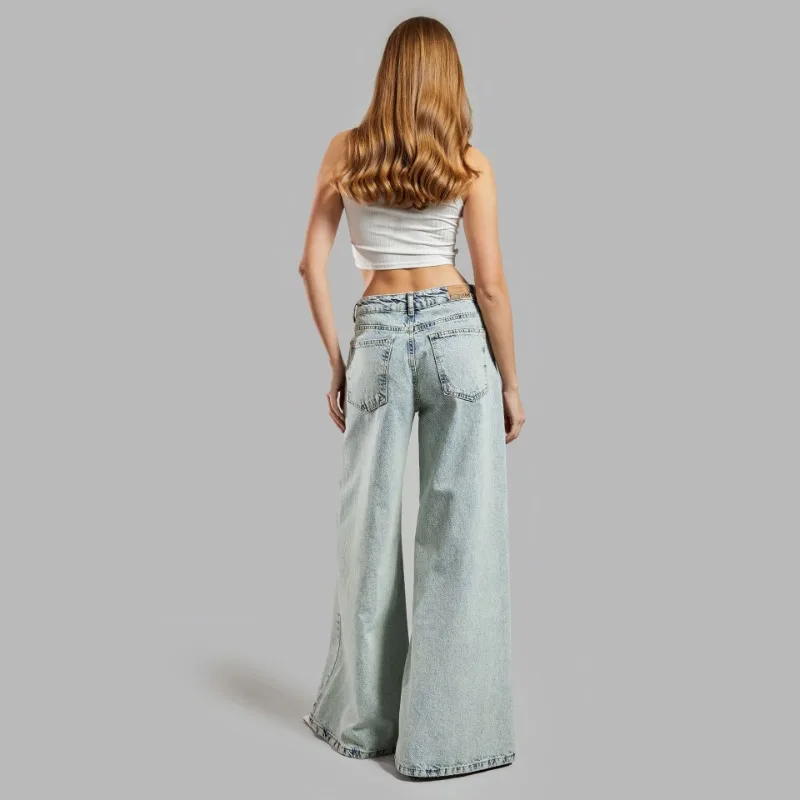 2025 New European and American Street Style Lace Splicing Loose Wide-leg Trend Casual Versatile Jeans For Women