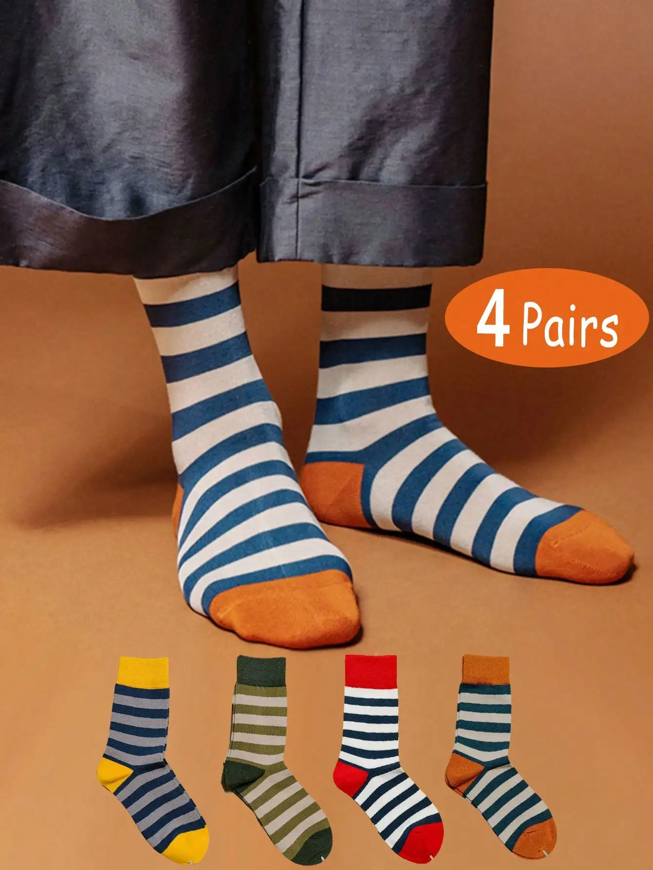 Pacote de 4 pares de meias listradas da moda para homens e mulheres | Estilo retrô | Meias longas casuais de inverno/outono