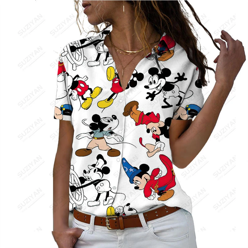 Camiseta informal con estampado 3D de dibujos animados de Disney, Rebeca holgada de manga corta Harajuku hawaiana con botones, novedad de 2023