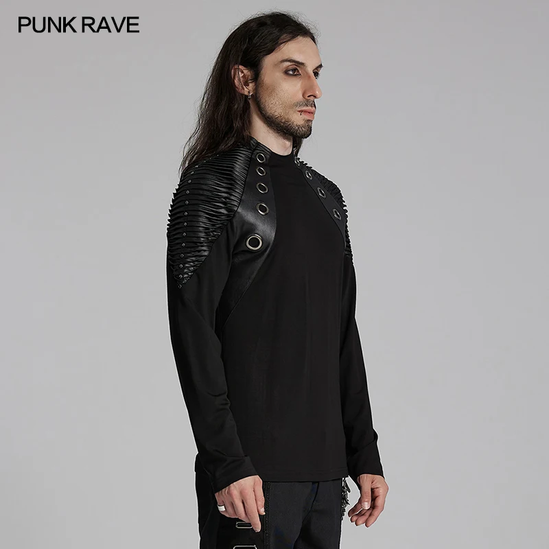 PUNK RAVE Men's Punk Power Sense Shoulder 3D Pleating Personalized Rivets Long T-shirt Male Tees Tops Streetwear