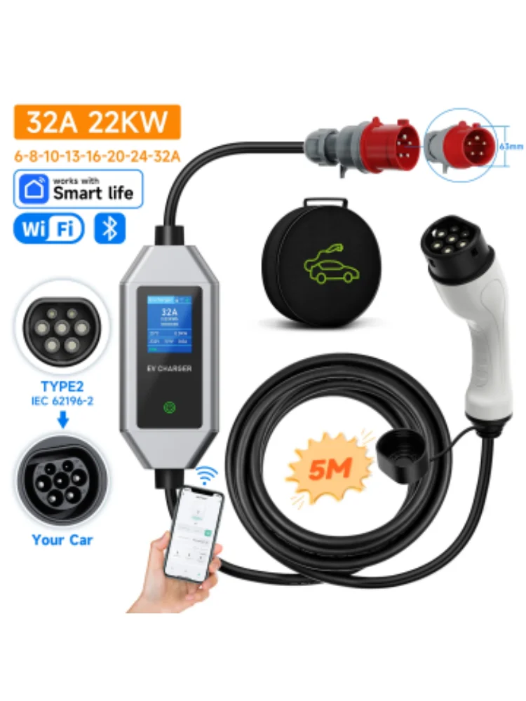 JNTAFEV 22kW Elektrofahrzeug-Ladegerät 32A 3-Phasen Typ2 Tragbares Ladegerät Wallbox Schnellladegerät mit WLAN-App und Bluetooth-Steuerung