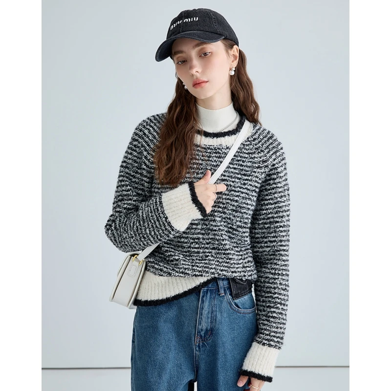 

Women's Clothes Black Sweater Stripe Round Neck Fashion Vintage Lazy Wind Winter Female Knitting Long Sleeve Pullover Tops