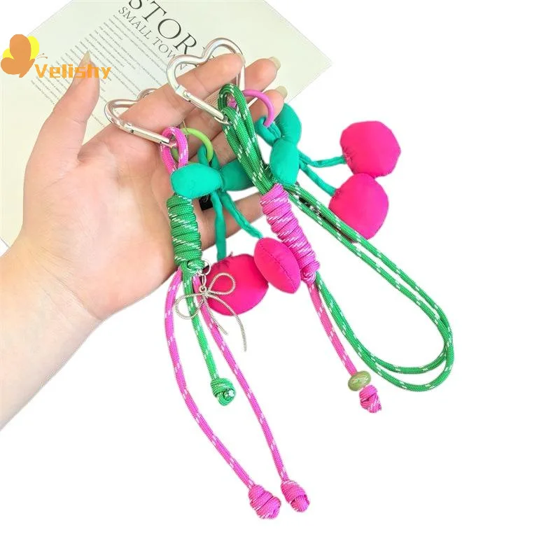 نسيج الكرز انفصال على شكل قلب مطرز المفاتيح سلسلة الهاتف المحمول مكافحة فقدان الحبل