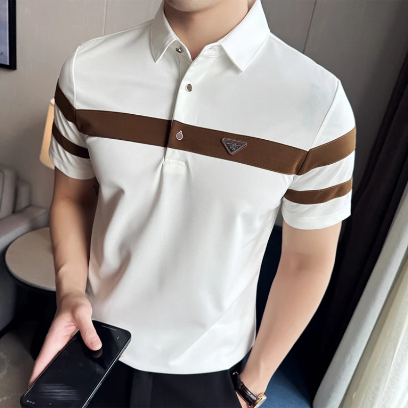 Ice Silk High Elastic Waffle Striped Color Block Polo Shirt for Men\'s Short Sleeved Lapel T-shirt Casual Business POLO Tee Tops