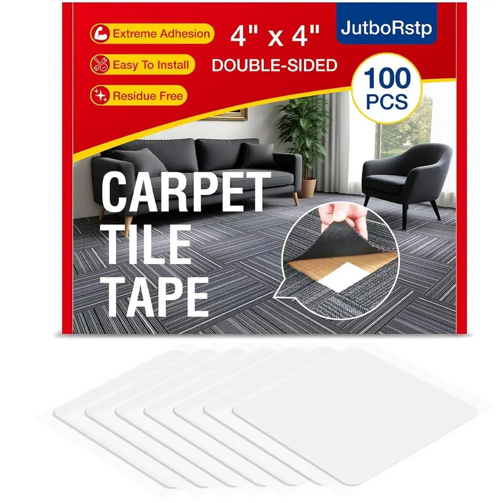 Carpet Tile Tape Double Sided, 4 x 4 Inches 100 Tabs, Rug Tape Grippers for Indoor Outdoor Use, Non Slip Adhesive for Area Rugs