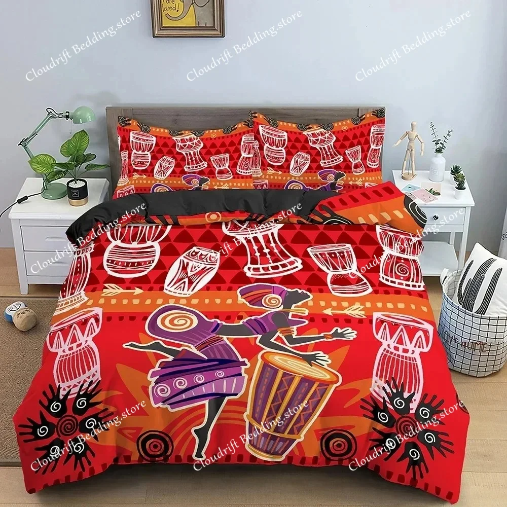 

African Ethnic Bedding Set Orange Bohemian Style Duvet Cover Set King Queen Polyester Comforter Quilt Cover for Teens Adults