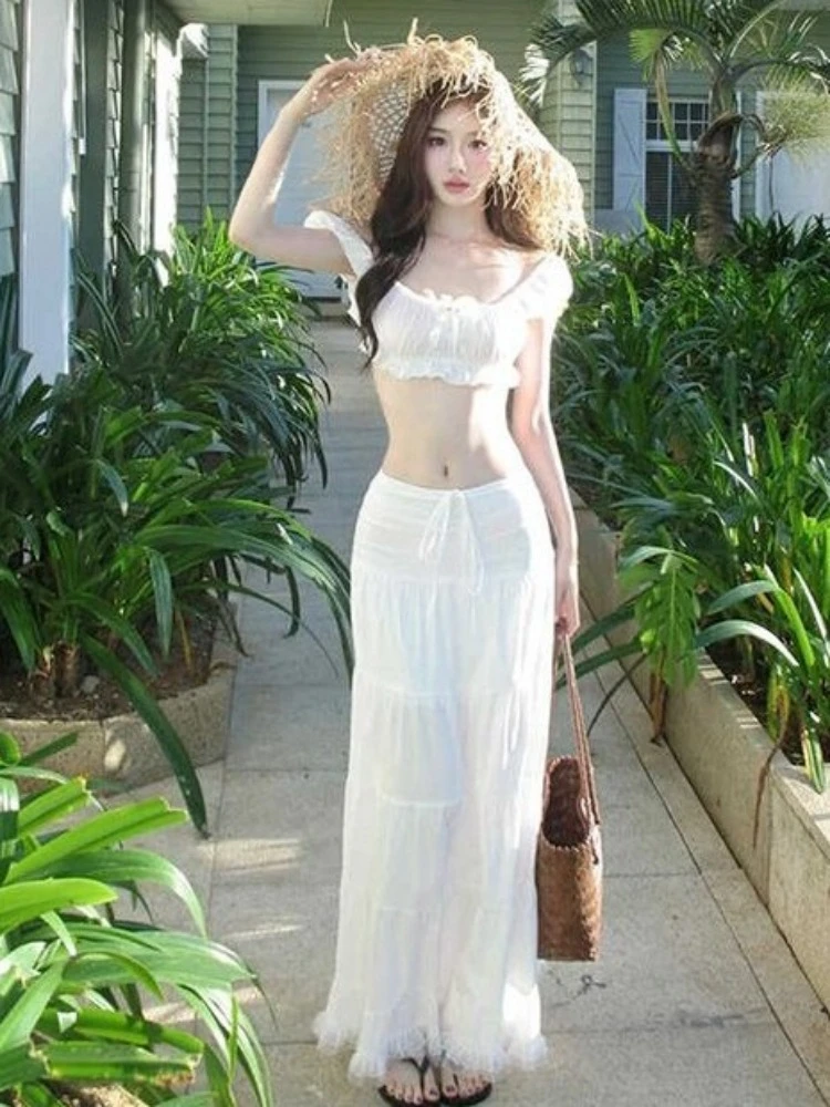

Y2k Aesthetic Two Pieces Sets Women Square Collar Sexy Cropped Tops+Streetwear High Waist Drawstring Skirts 2025 Summer Outfits