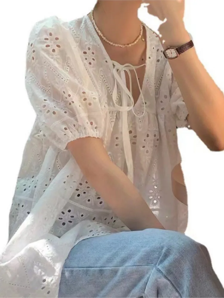 Summer Hollow Out Lace Top Shirt Women Fashion V Neck Short Sleeve White Office Casual Tops Shirts New Female Blouse