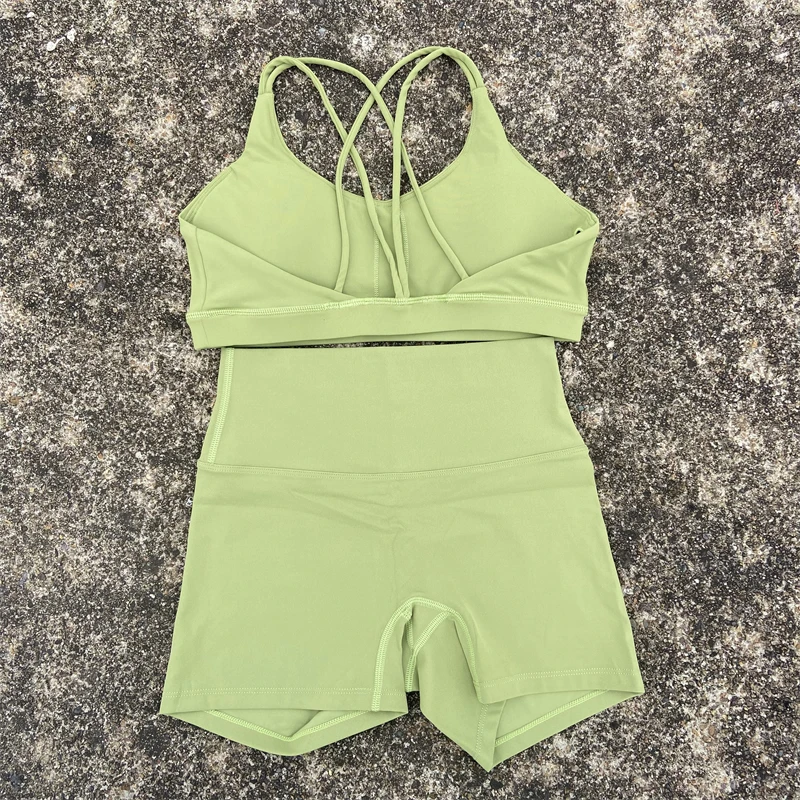 Yoga Shorts Set Gym Sports Set 2 Piece Women Workout Outfit Fitness Suit Cross Straps Bra High Waist Shorts Running Tracksuit image 3