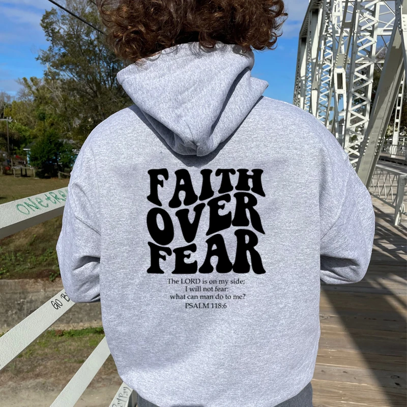 Faith Over Fear Bible Verse Back Printed Women Hoodies Cotton Loose Graphic Pullovers Long Sleeve Hoodie Vintage Jumper Clothing