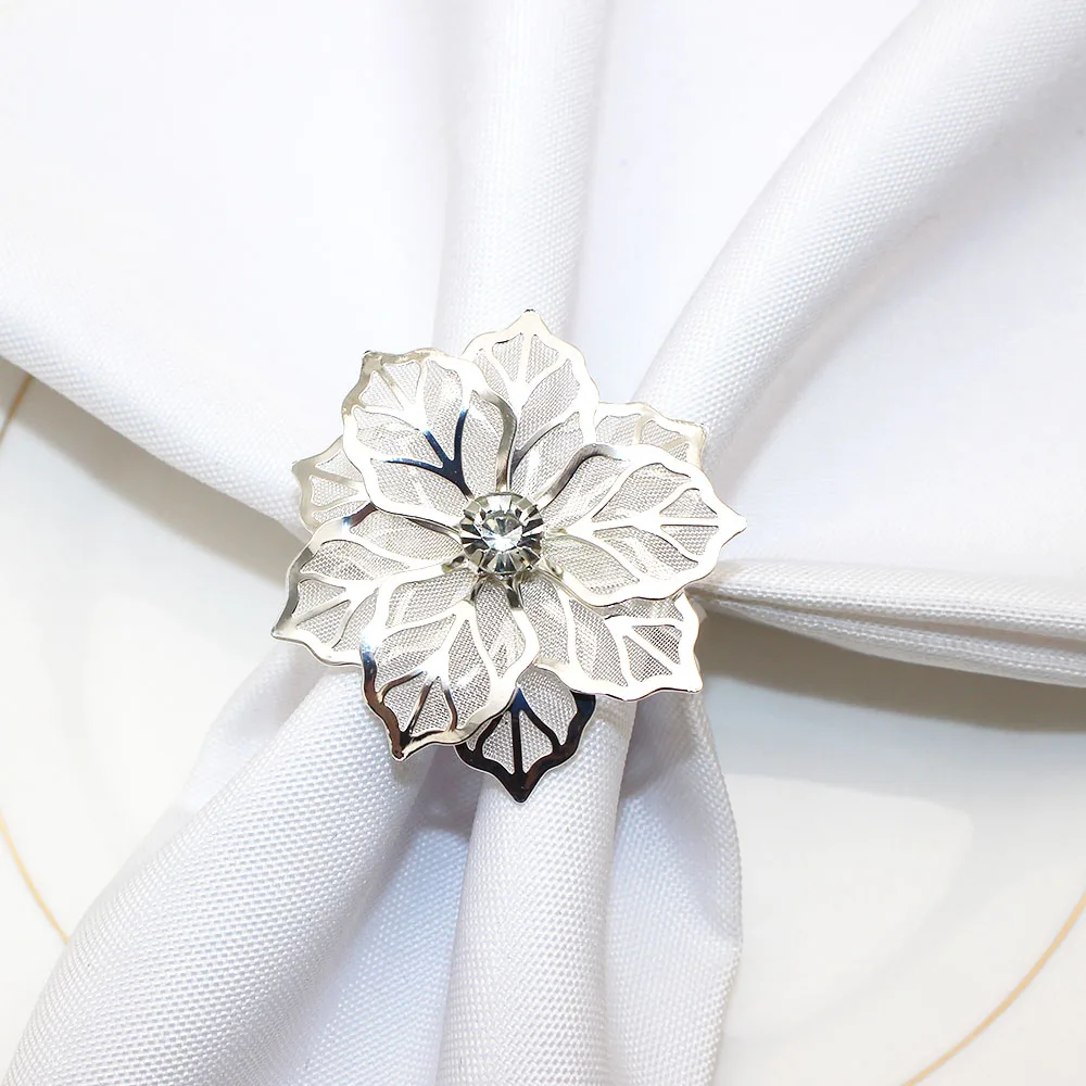 60Pcs Napkin Ring Silver Rhinestone Flower Napkin Holder for Wedding Party Holiday Daily Use Christmas Dinner Table Decor ERM04