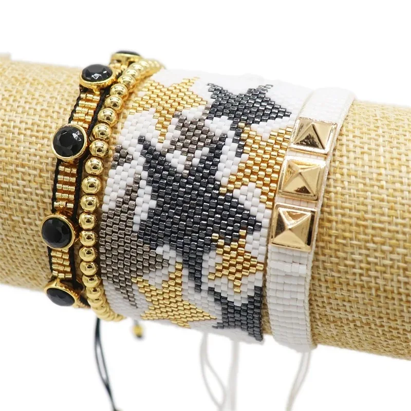 

European and American fashion big row five-pointed star miyuki bracelet set personalized 3 rivets hand-woven zircon bracelet