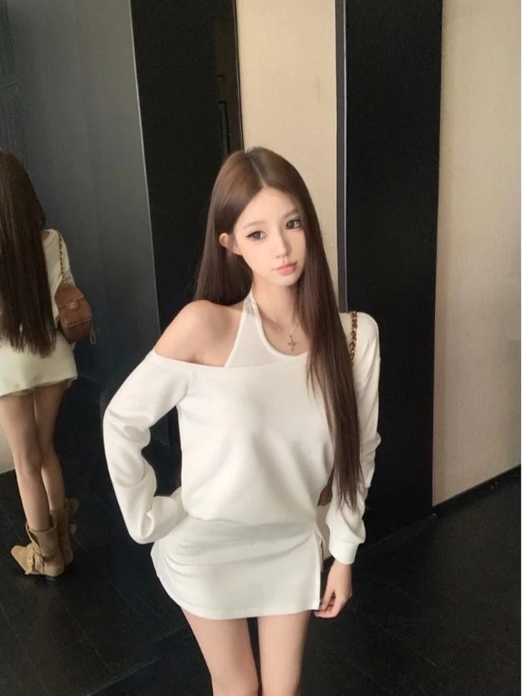 KING BRAND Anti-Aging oulder-Bared Long Sve Sweatirt Design Split Tight-Fit f Skirt Women's Autumn Set Casual Chic view 3