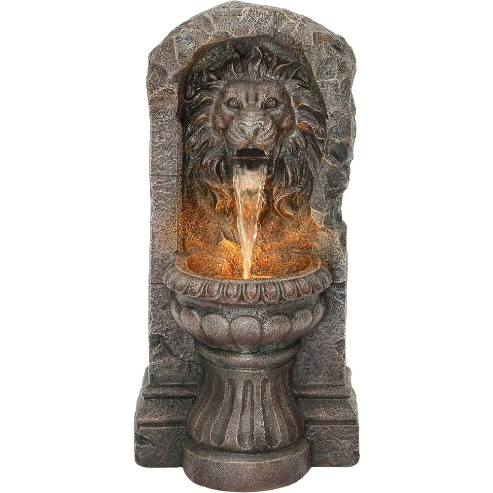 Majestosa fonte de água externa de bronze falso com cabeça de leão de 30 polegadas com design de 2 camadas, luzes LED e recurso de água em cascata calmante