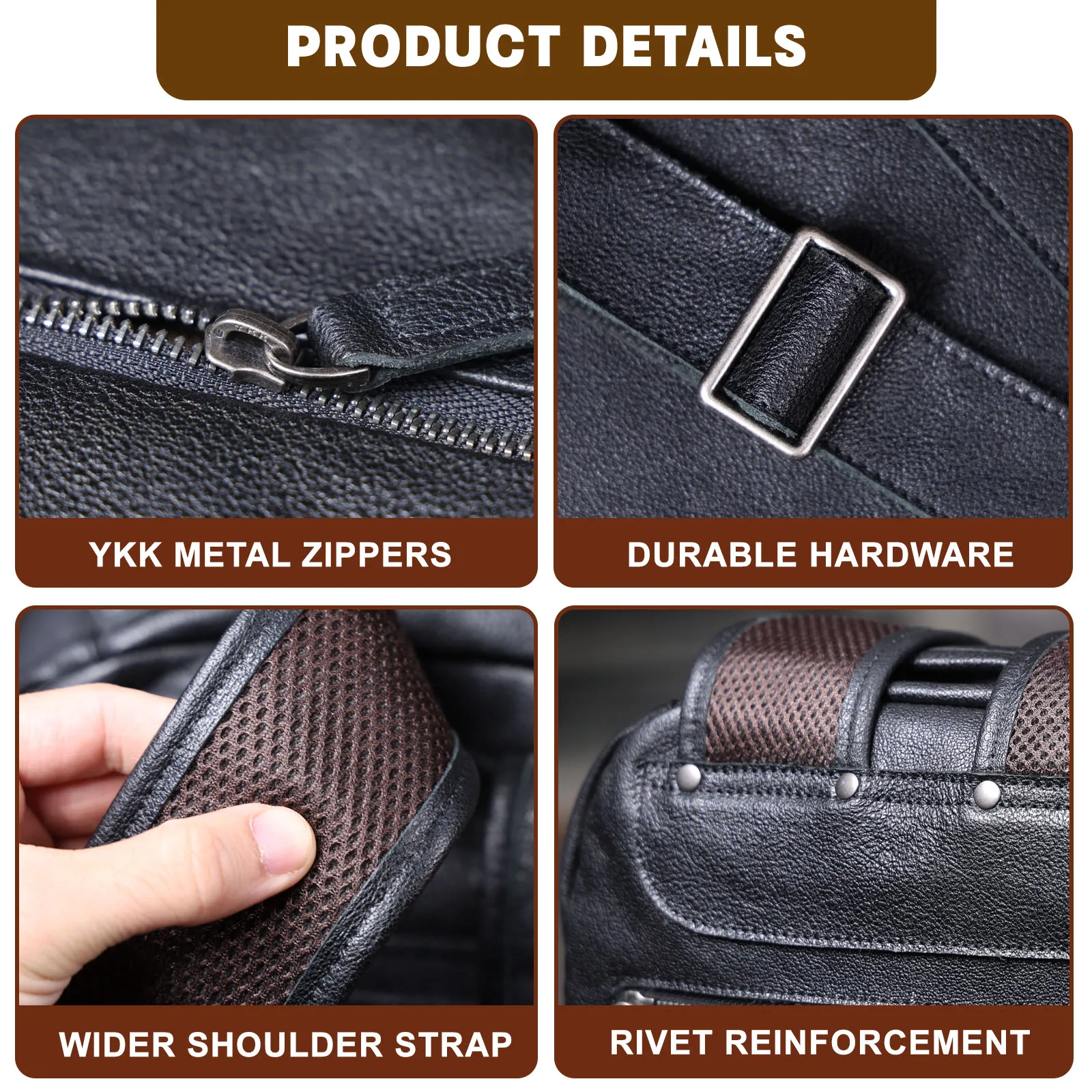 Lässiger Echtleder-Rucksack für Herren, Laptop-Tasche für Männer, Reisetasche aus hochwertigem Rindsleder, modischer Preppy-Stil. – Detail 13