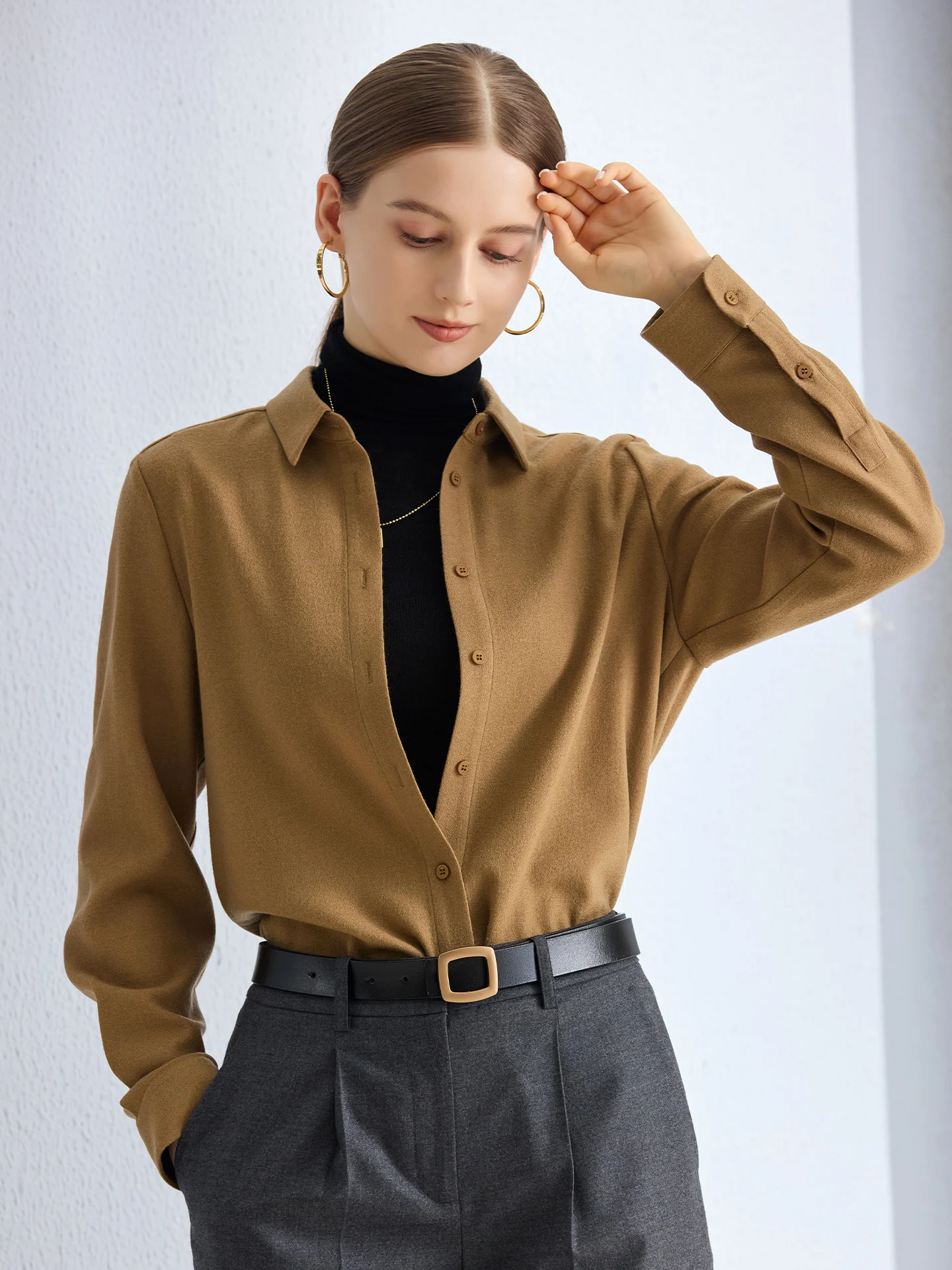 

Classic Merino Wool irt Jaet Women's Long Sve Layering Top Warm Commute Sle Straight Cut Wool Blend Busin Wear