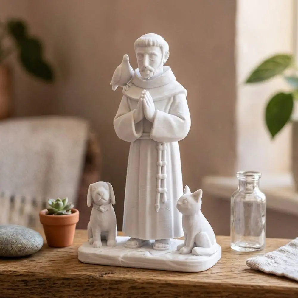 3D Printed Saint Francis Statue Animal Companion Catholic Theme Religious Saint Figurine Sacred Praying Hand Pose