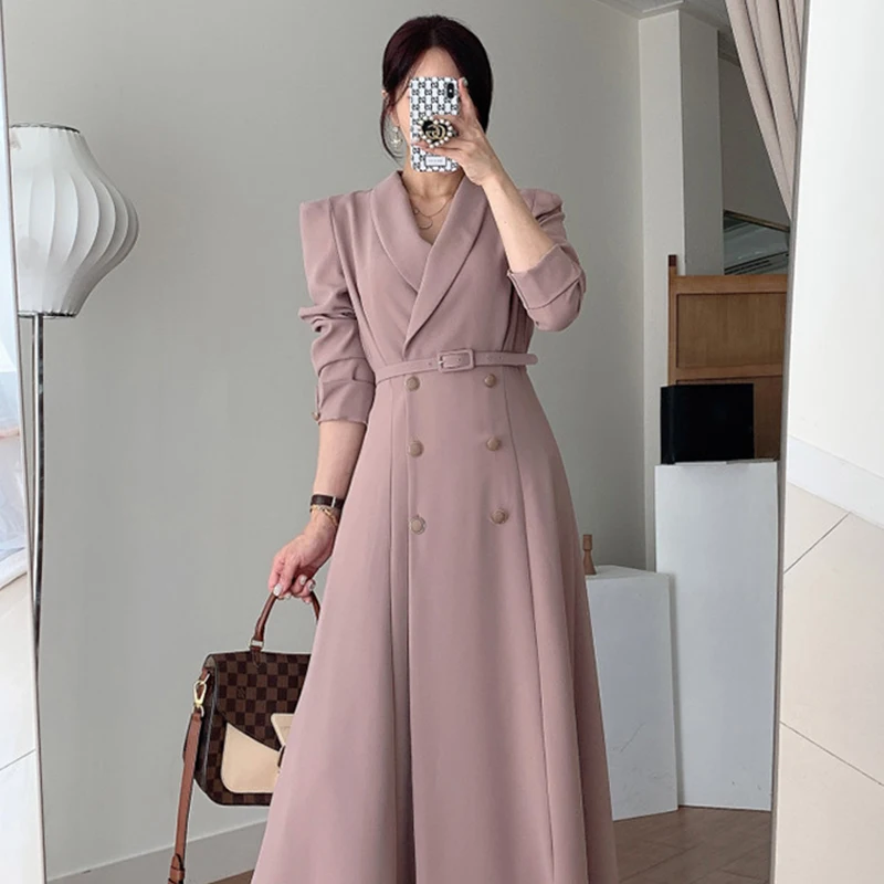 เสื้อคลุมกันลมทรงยาวสำหรับผู้หญิง เอวสูง สไตล์เกาหลี กระดุมสองแถว สีพื้น แฟชั่นฤดูใบไม้ผลิและฤดูใบไม้ร่วง