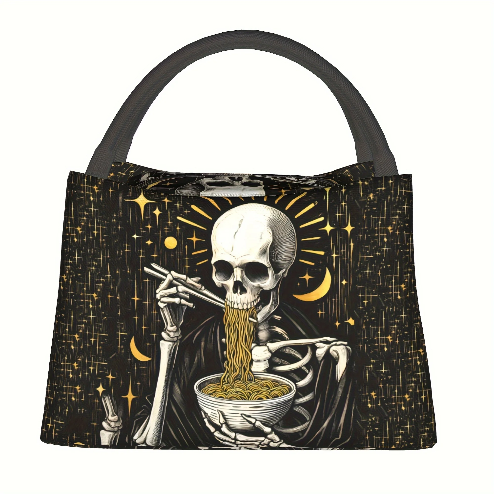 Skull Pattern Lunch Bag 1pc Portable Reusable Insulated Lunch Bag | Skull Eating Noodles Pattern, Suitable for Home, Restaurant