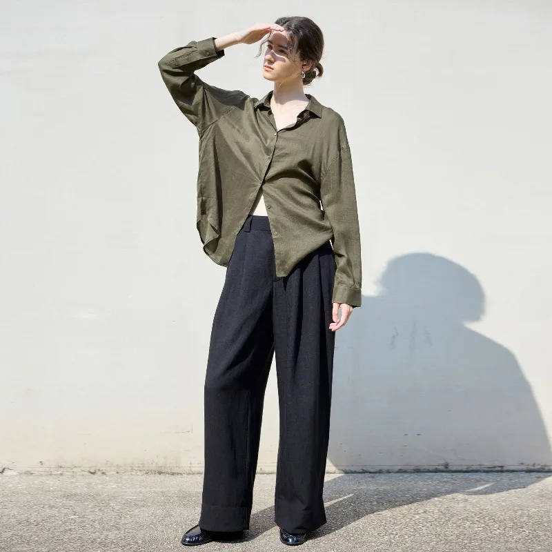 Camicetta vintage retrò da donna in ramie a maniche lunghe con colletto rovesciato monopetto camicie casual larghe e traspiranti alla moda di strada