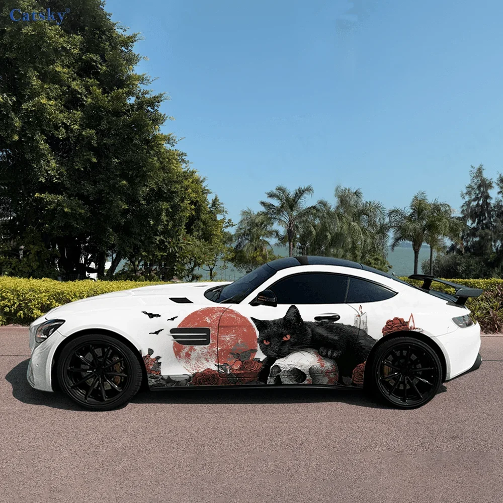 Cat Skull Full Moon Car Side Sticker PVC Self Waterproof Stick, Striking Auto Exterior Accessories Decor Protect Gift for Lover