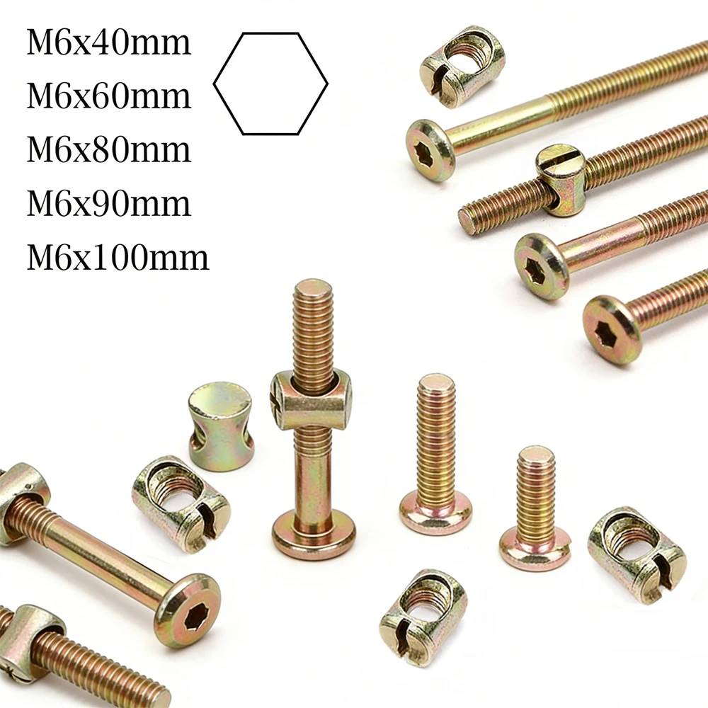 

10pcs M6 Hex Socket Head Cap Screws 40-100mm Length with Cross Dowel Nuts Zinc Plated Furniture Bolts for Bed Frame And Furnitur