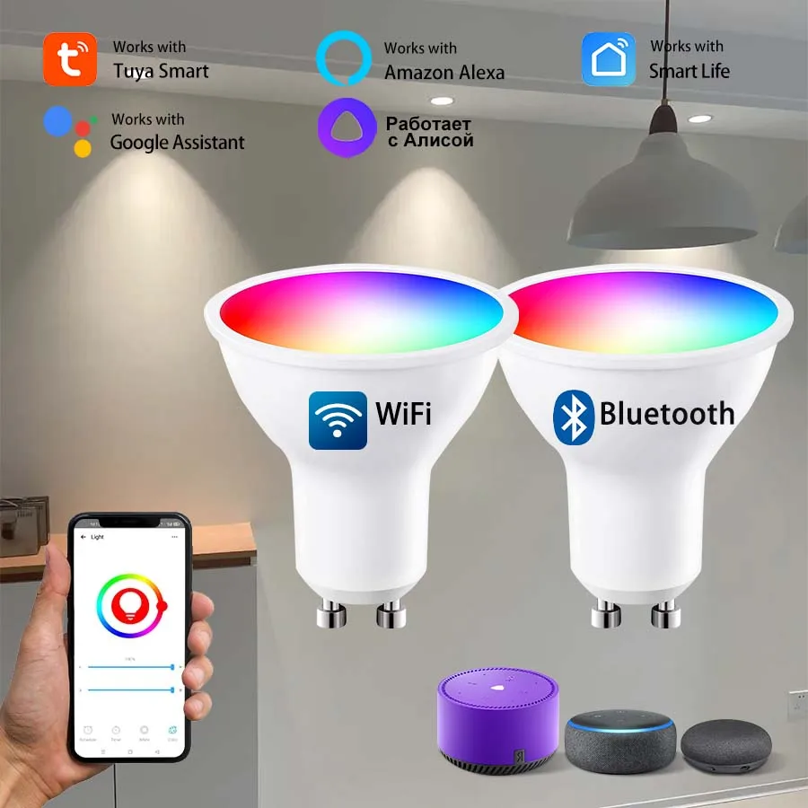 

Умная светодиодная лампа Tuya GU10 с регулируемой яркостью Wi-Fi или Bluetooth Лампы Smart Life App Control Прожектор работает с Alexa Google