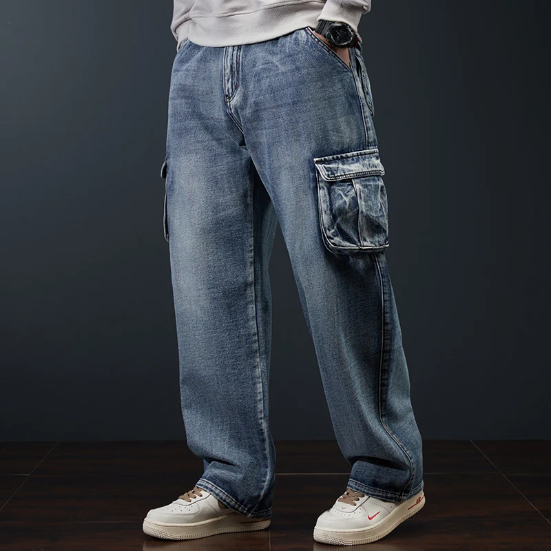 

Outdoor multi-pocket work jeans for men New autumn and winter models Men's Loose Nostalgic Blue Jeans Trousers Men Large size 44