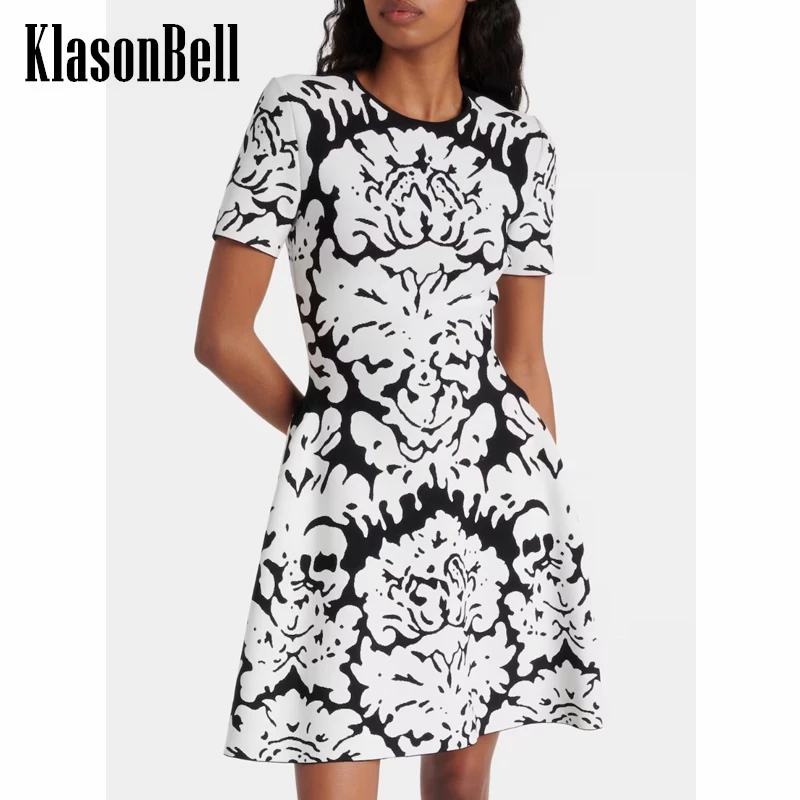 

KlasonBell-Women's Jacquard Stretch Knit Mini Dress, O-Neck, Collect Waist, A-Line Dress, Elegant Print, Temperament, 4.1