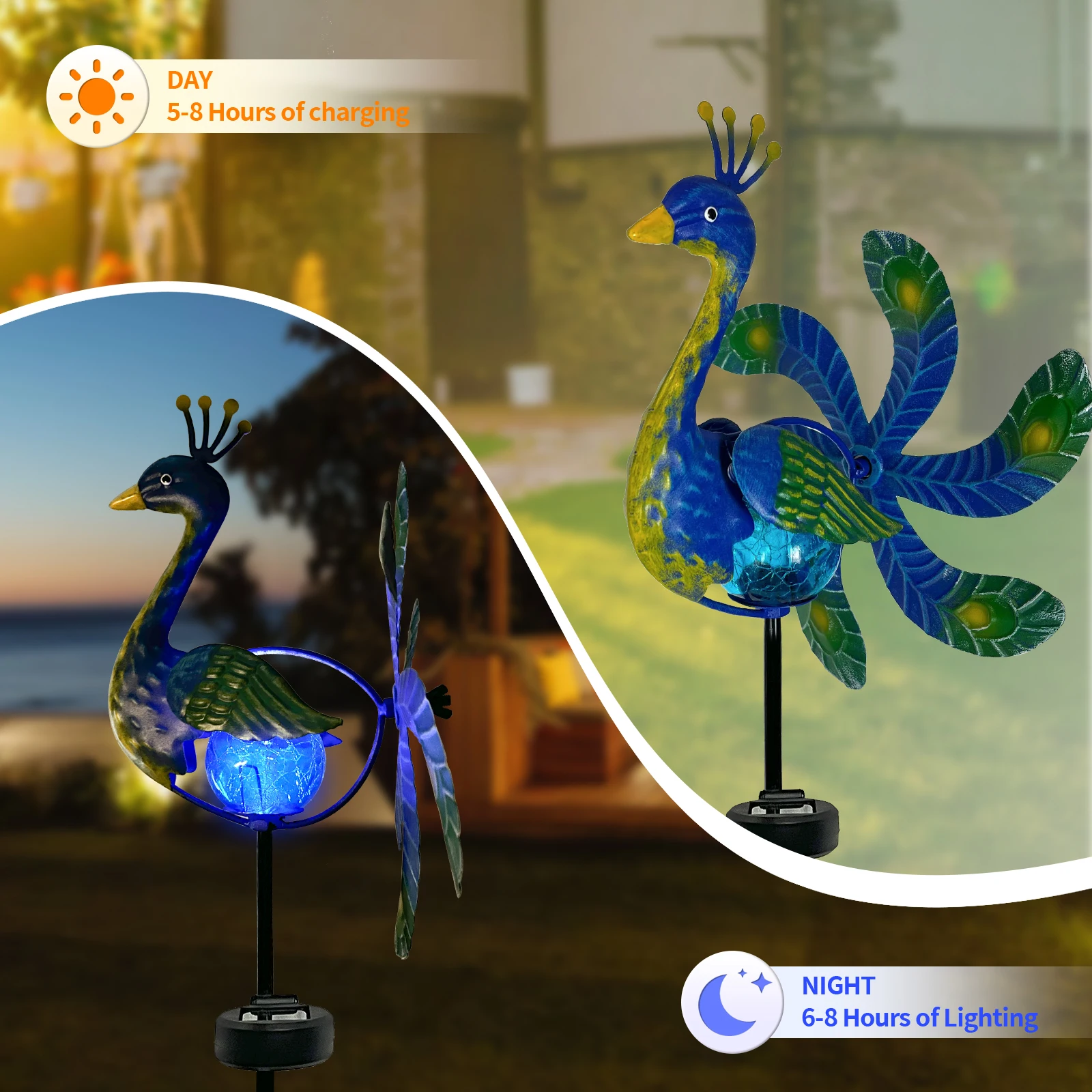 Solar Wind Spinner Peacock Outdoor Wind Sculpture with Color Changed LED Light for Lawn Patio Pathway Yard Courtyard Decor